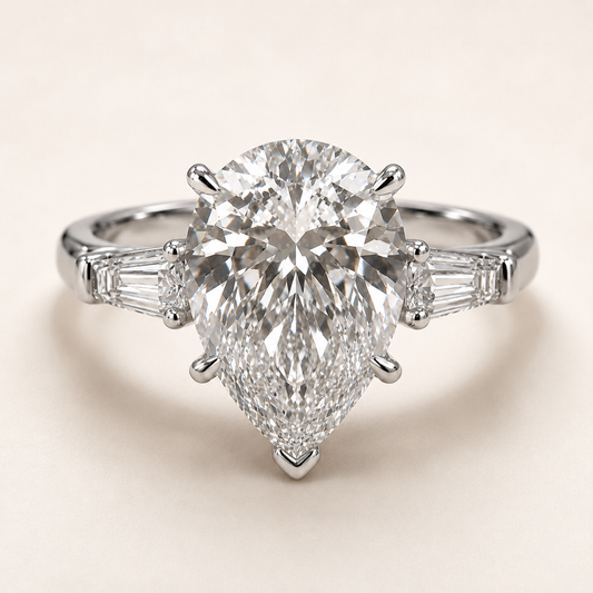 Elmivra 5ct pear-cut lab-grown diamond three-stone ring in 18K white gold front view