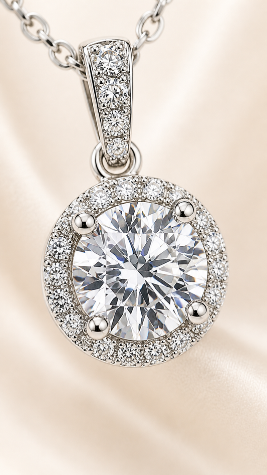 Close-up of Halo Bloom round lab-grown diamond pendant