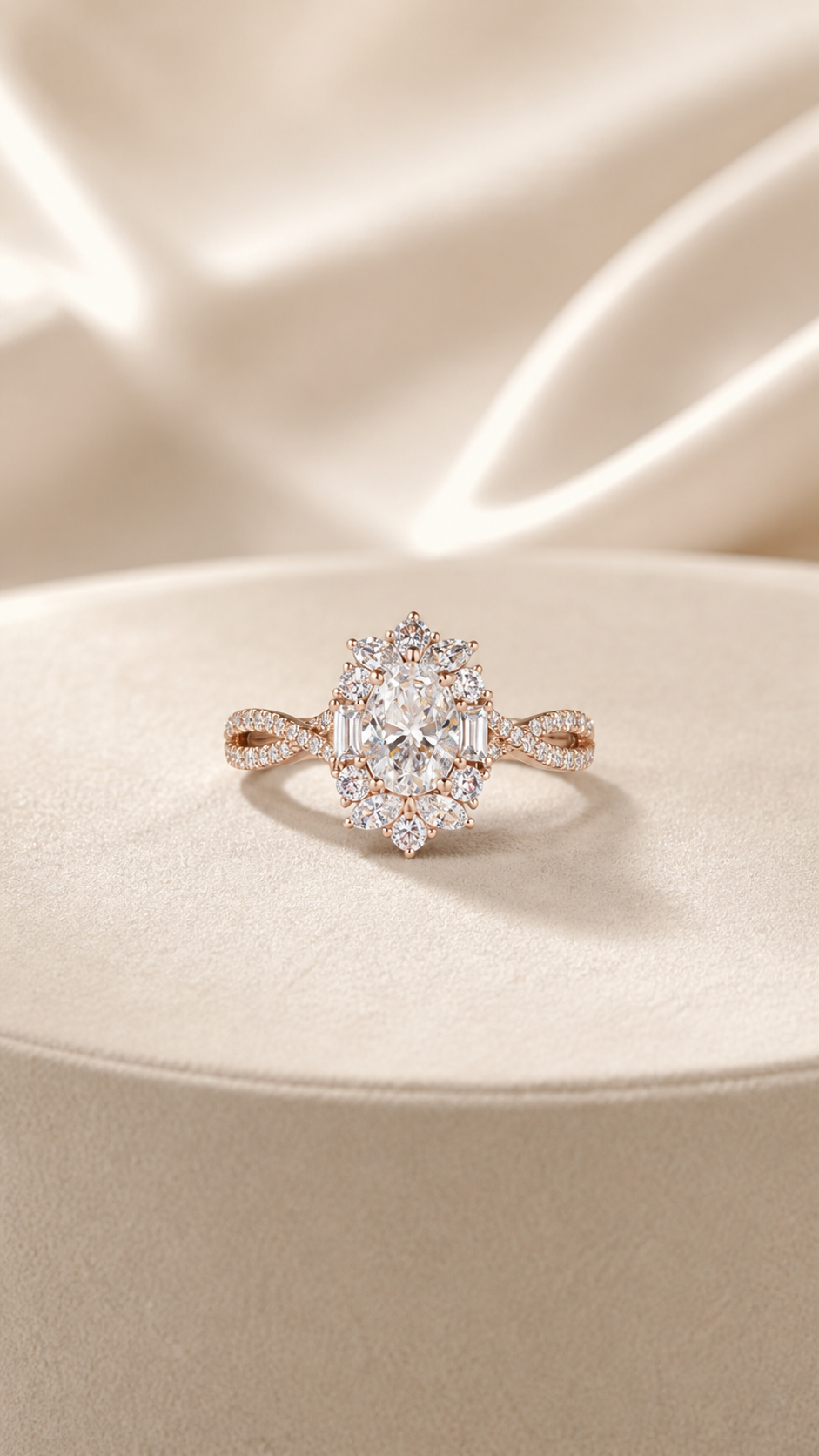 Petal Halo 1 Carat Oval Lab-Grown Diamond Ring in 18K Rose Gold lifestyle display