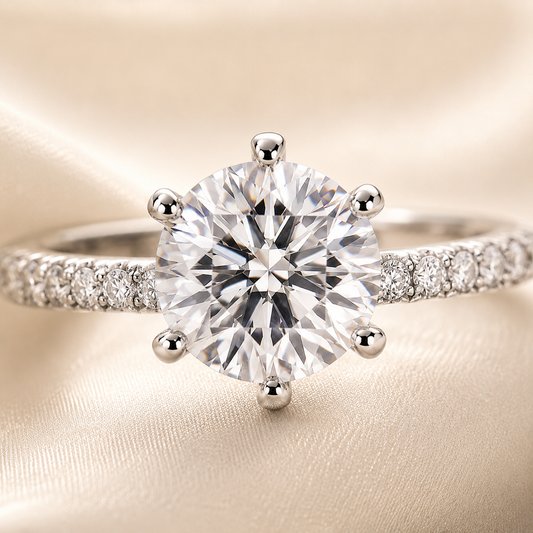 Elmivra 2ct round lab-grown diamond pavé solitaire ring in 18K white gold front view