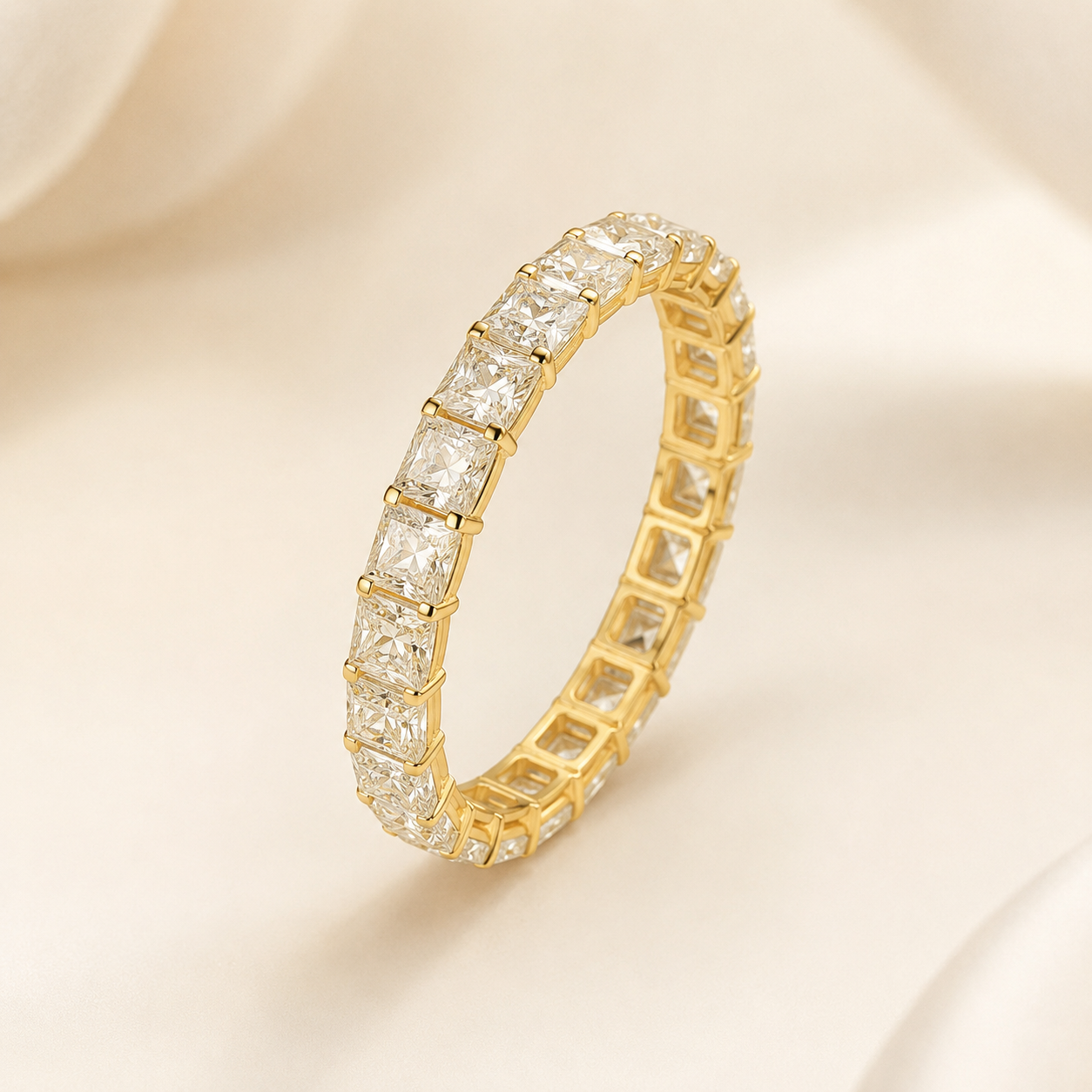 Elmivra 2.88 CTW princess cut lab-grown diamond eternity band angled view in yellow gold