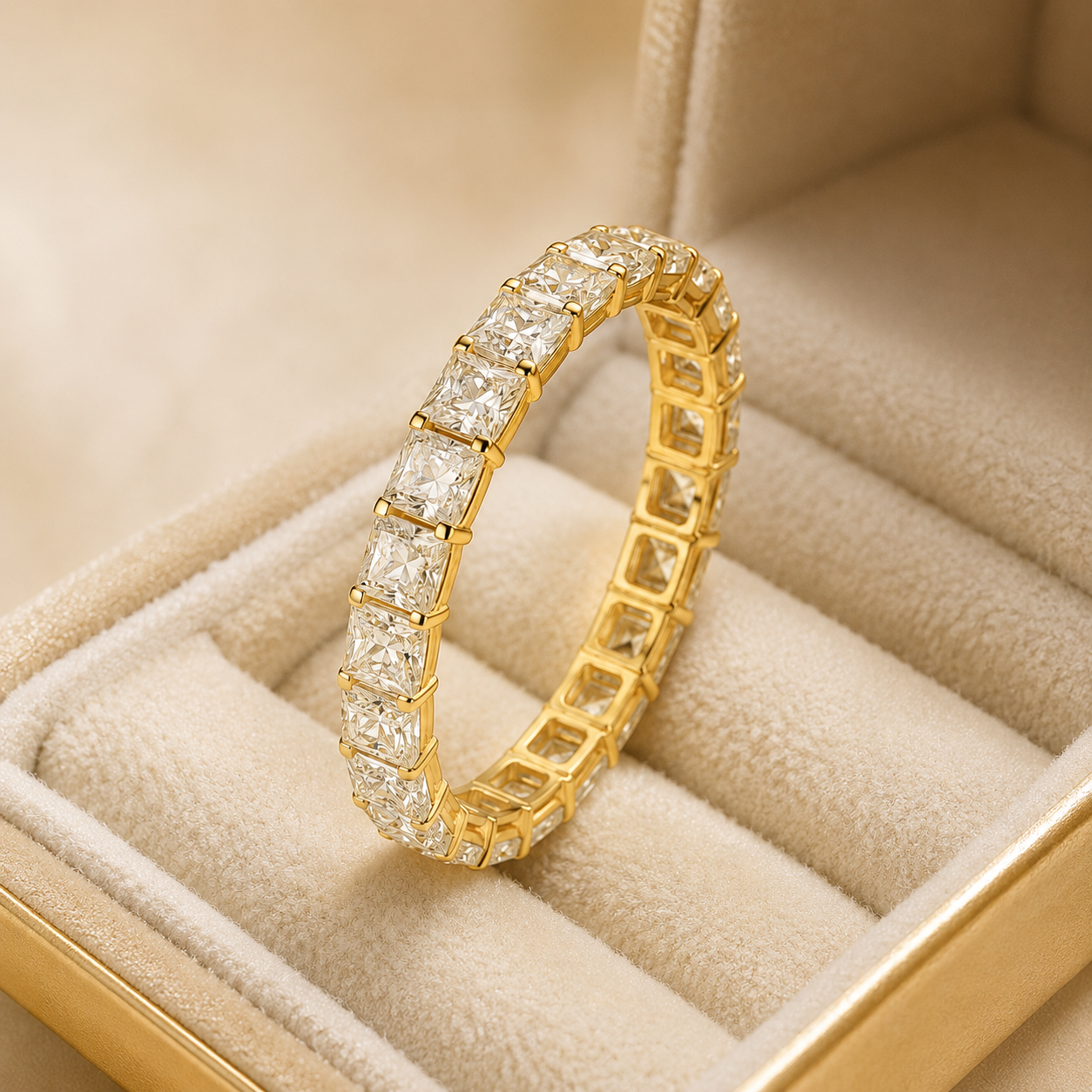 Detail view of Elmivra princess cut lab-grown diamond full eternity band in 18K yellow gold