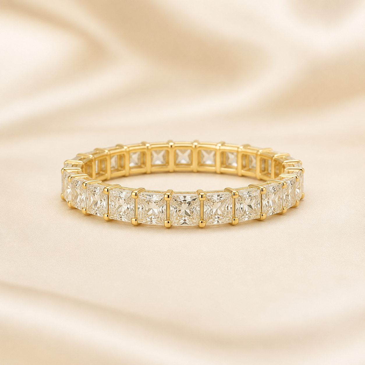 Front view of Elmivra princess cut lab-grown diamond full eternity band in 18K yellow gold