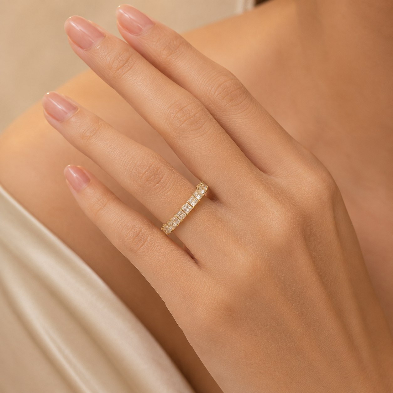 Elmivra 18K yellow gold princess cut lab-grown diamond eternity band model wearing view