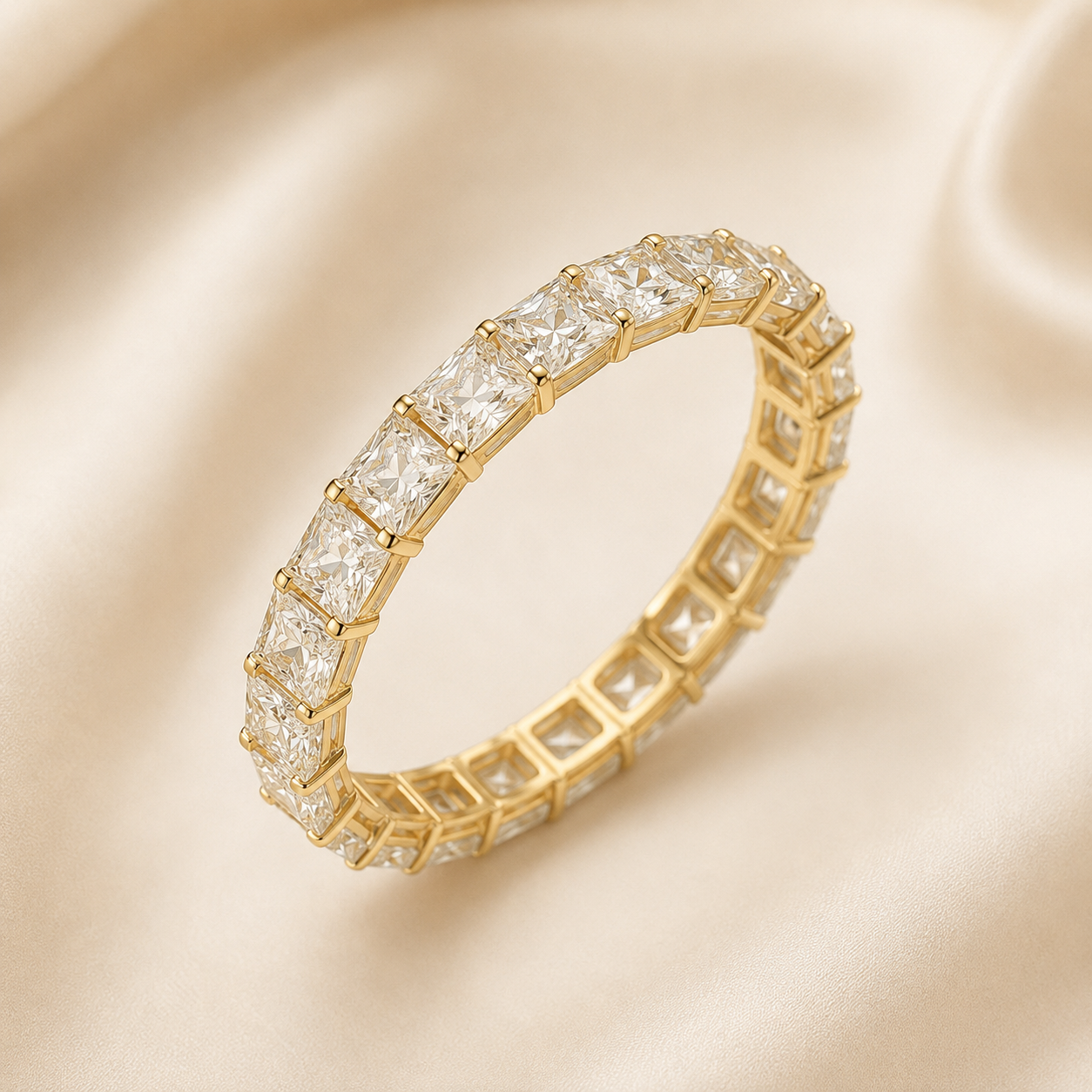 Side detail of Elmivra 2.88 CTW princess cut diamond eternity band with full-circle setting