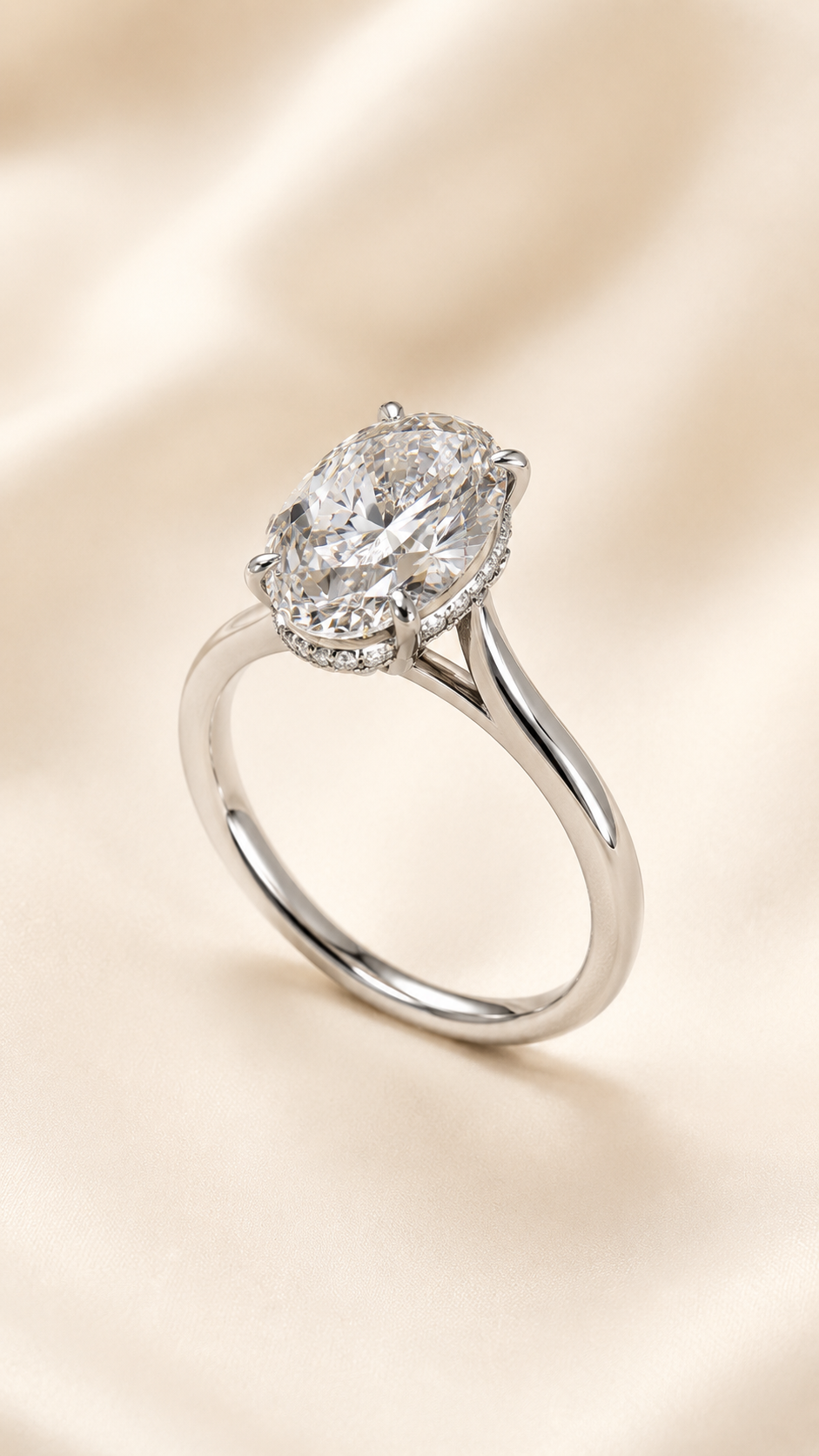 Aura 3 Carat Oval Lab-Grown Diamond Hidden Halo Ring in 18K White Gold angled view