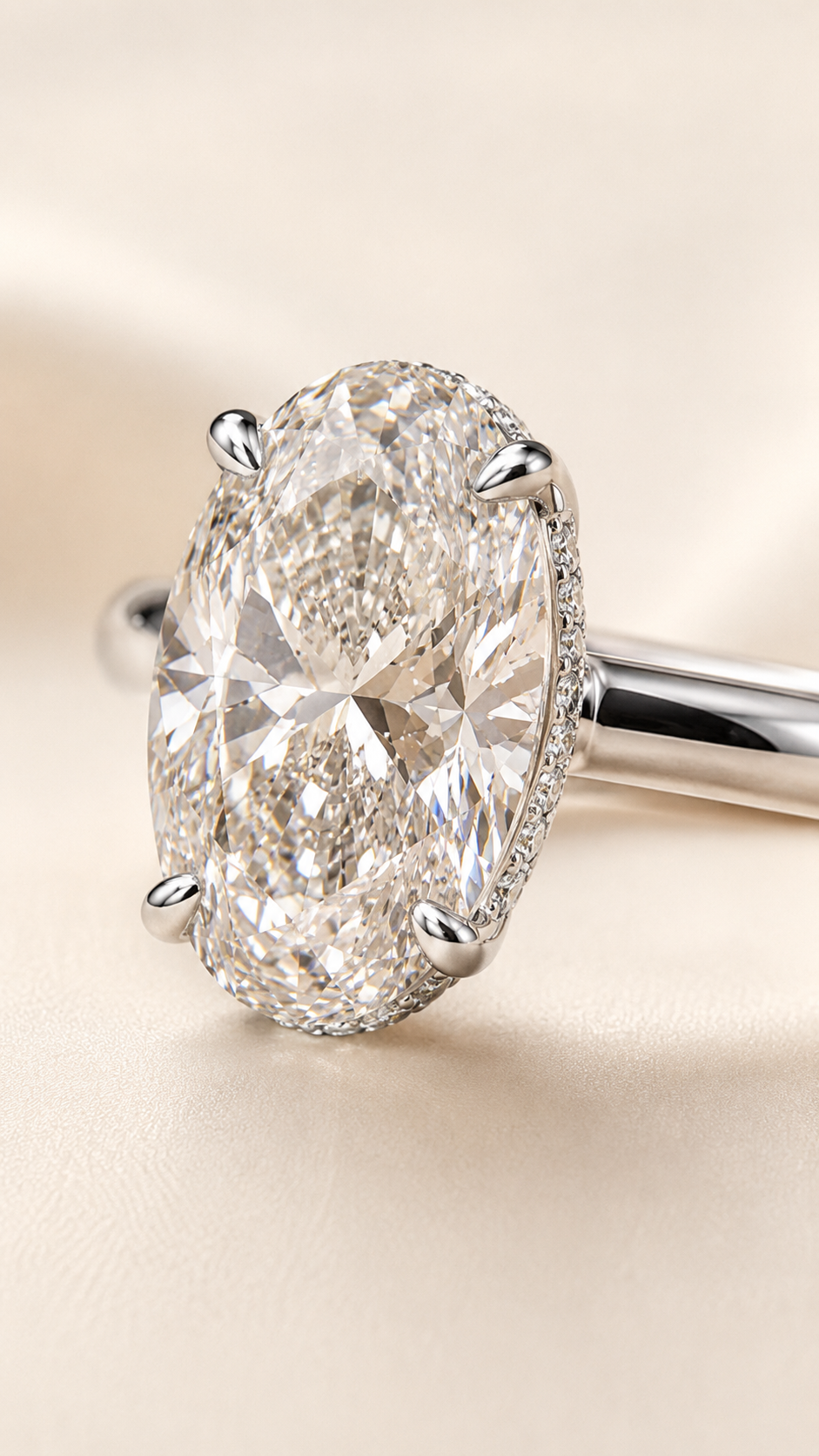 Aura 3 Carat Oval Lab-Grown Diamond Hidden Halo Ring in 18K White Gold close-up detail