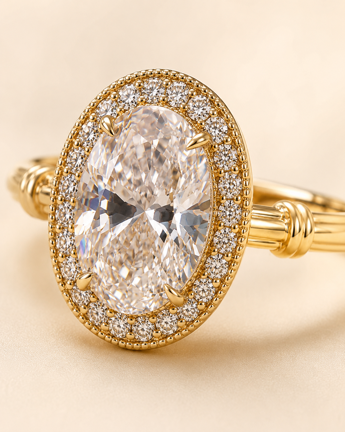 Aurelia Roman Halo ring close-up in 18K yellow gold