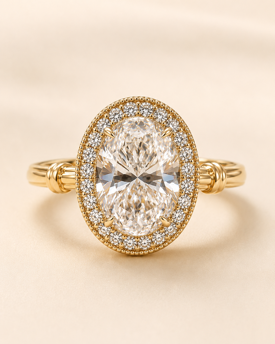Aurelia Roman Halo ring front view with oval center stone and halo setting