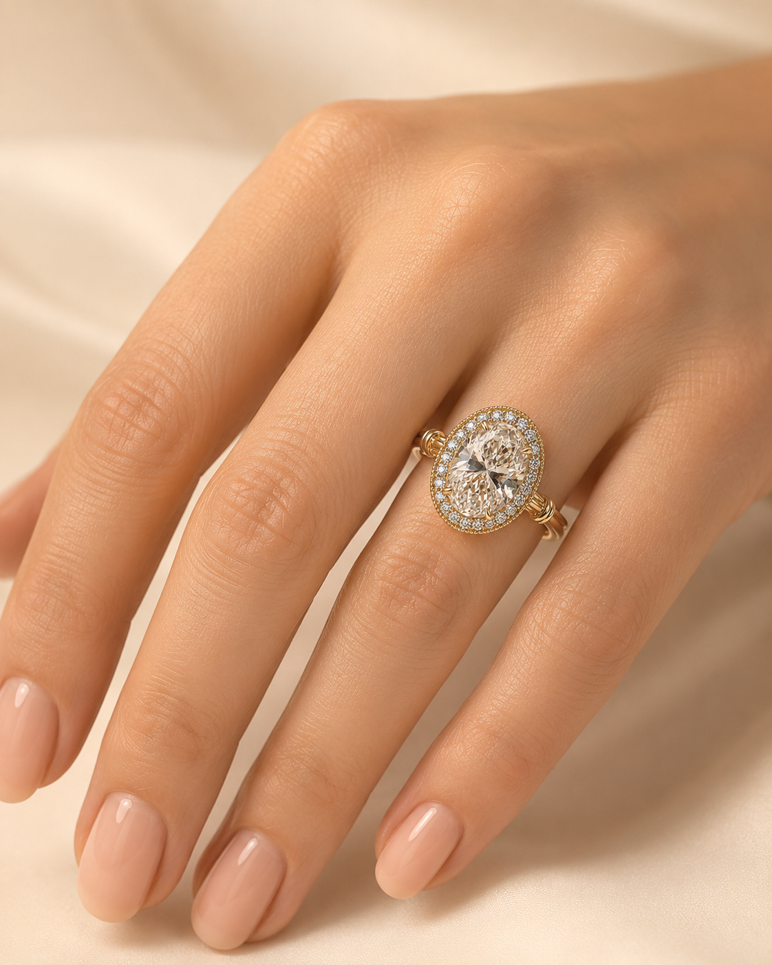 Aurelia Roman Halo 3 carat oval lab-grown diamond ring model wearing image