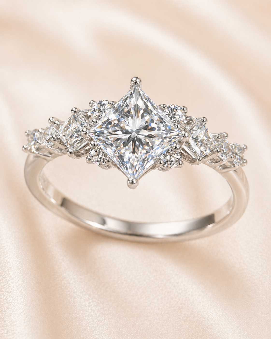 Angled view of Aurora Crown princess diamond ring with multi-stone side setting