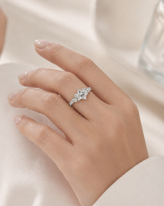 Model wearing Elmivra Aurora Crown princess lab-grown diamond ring