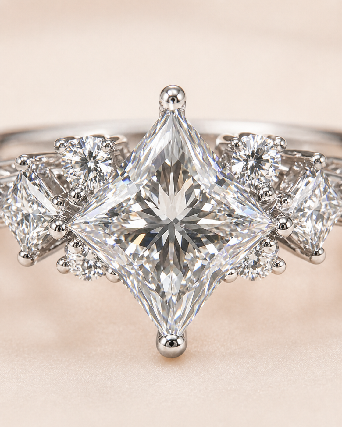 Close-up of princess lab-grown diamond ring with crown-inspired side stones
