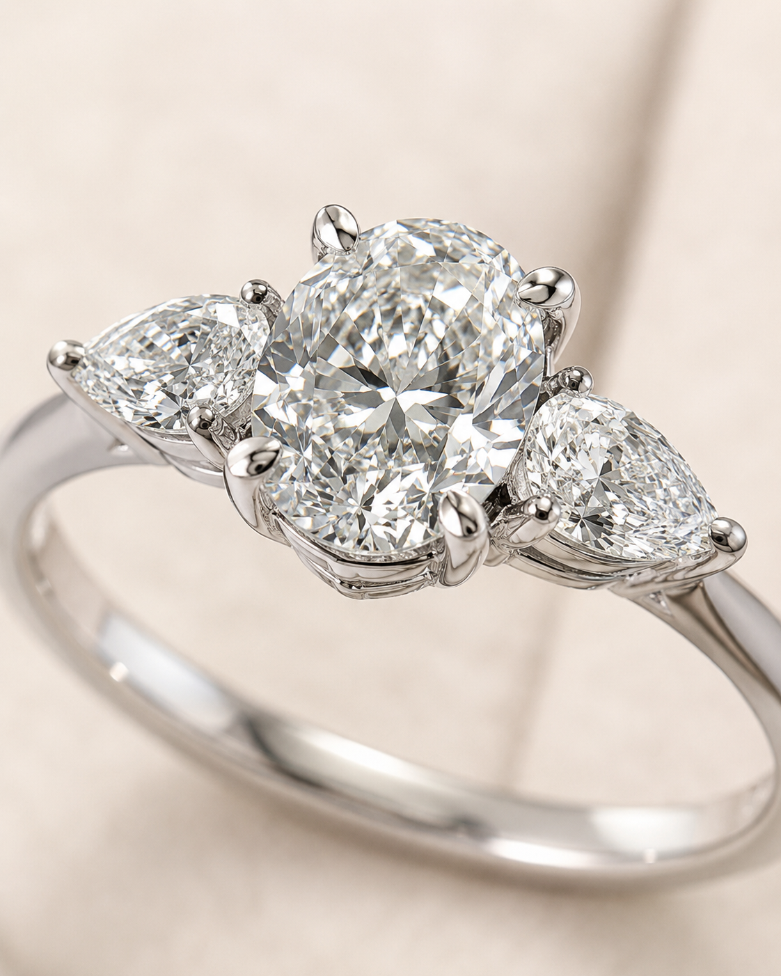 Celeste Three-Stone 2ct oval lab-grown diamond ring angle view in 18K white gold