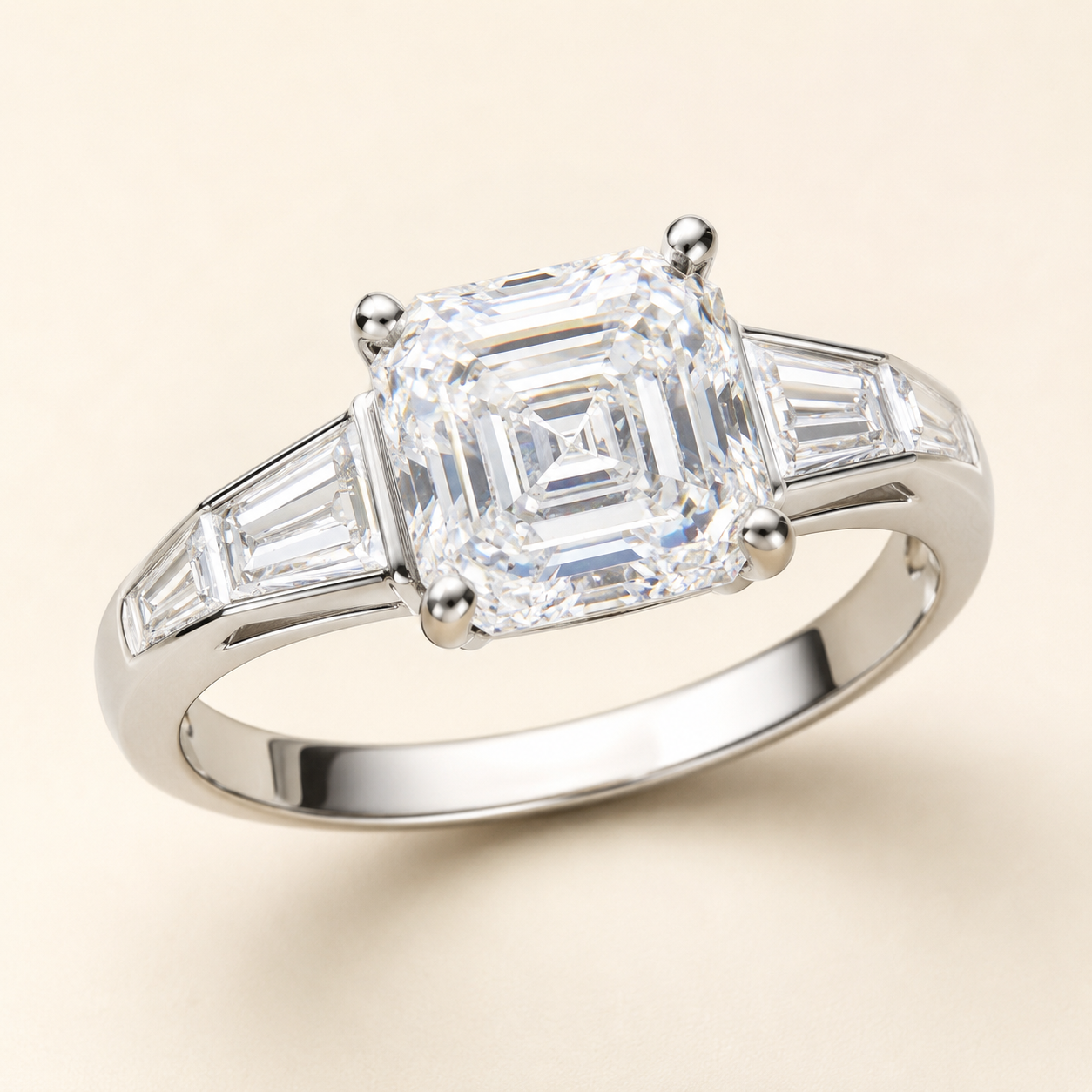 Elmivra 3 carat Asscher cut lab-grown diamond ring with 1.2 ctw tapered side stones angled view