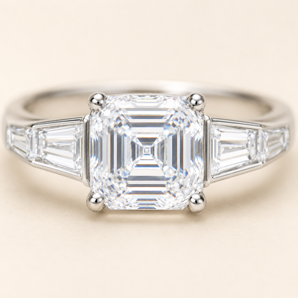 Elmivra 3ct D VS1 Asscher cut lab-grown diamond ring with tapered side stones close-up