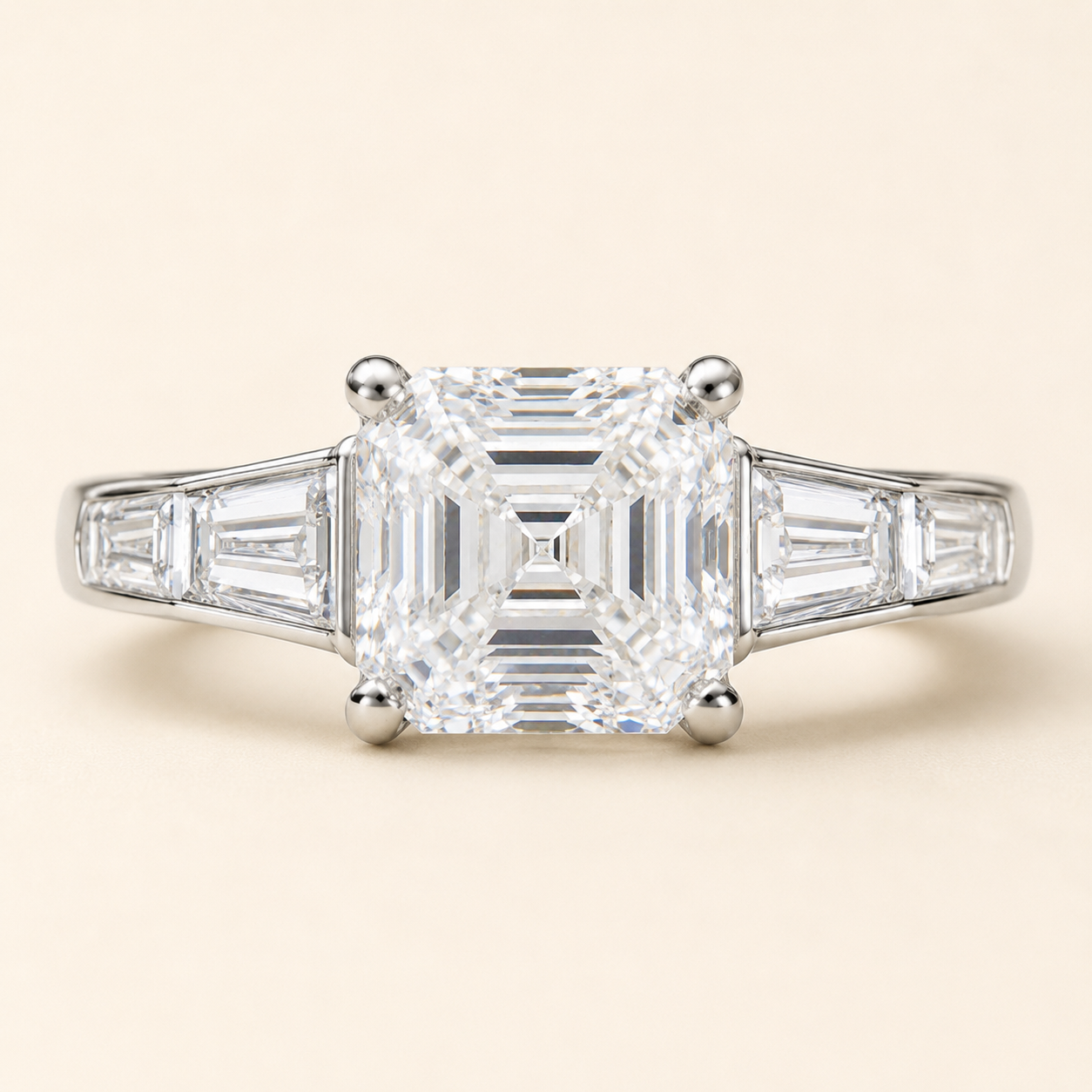 Elmivra 3ct Asscher cut IGI-certified lab-grown diamond three-stone ring with tapered side stones front view