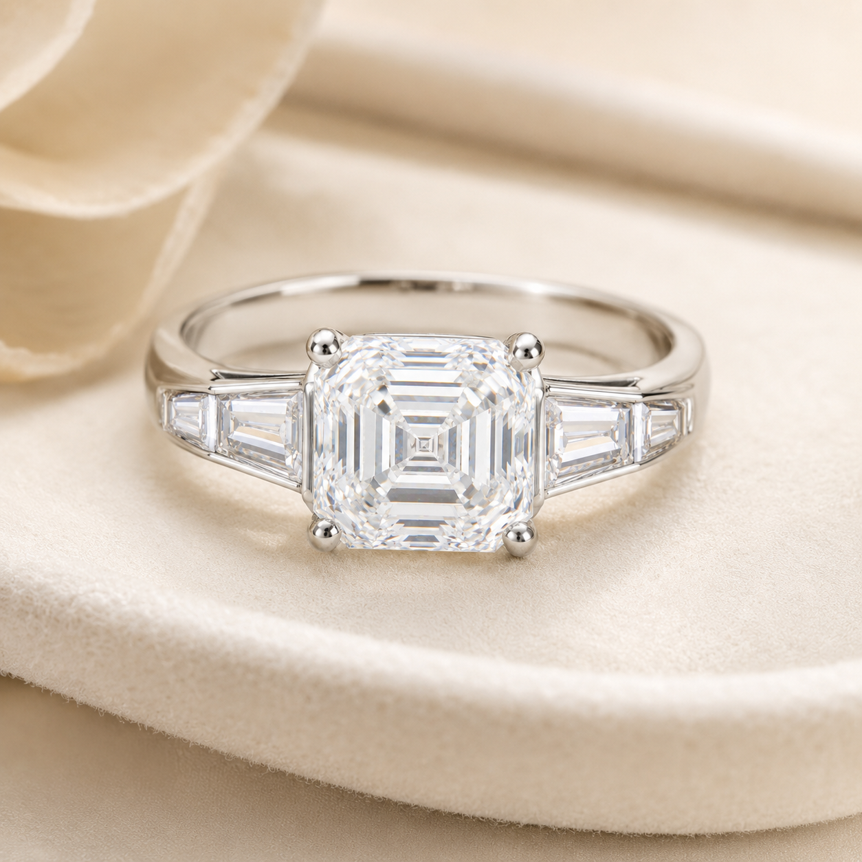 Elmivra 3ct Asscher cut lab-grown diamond three-stone ring in 18K white gold lifestyle view
