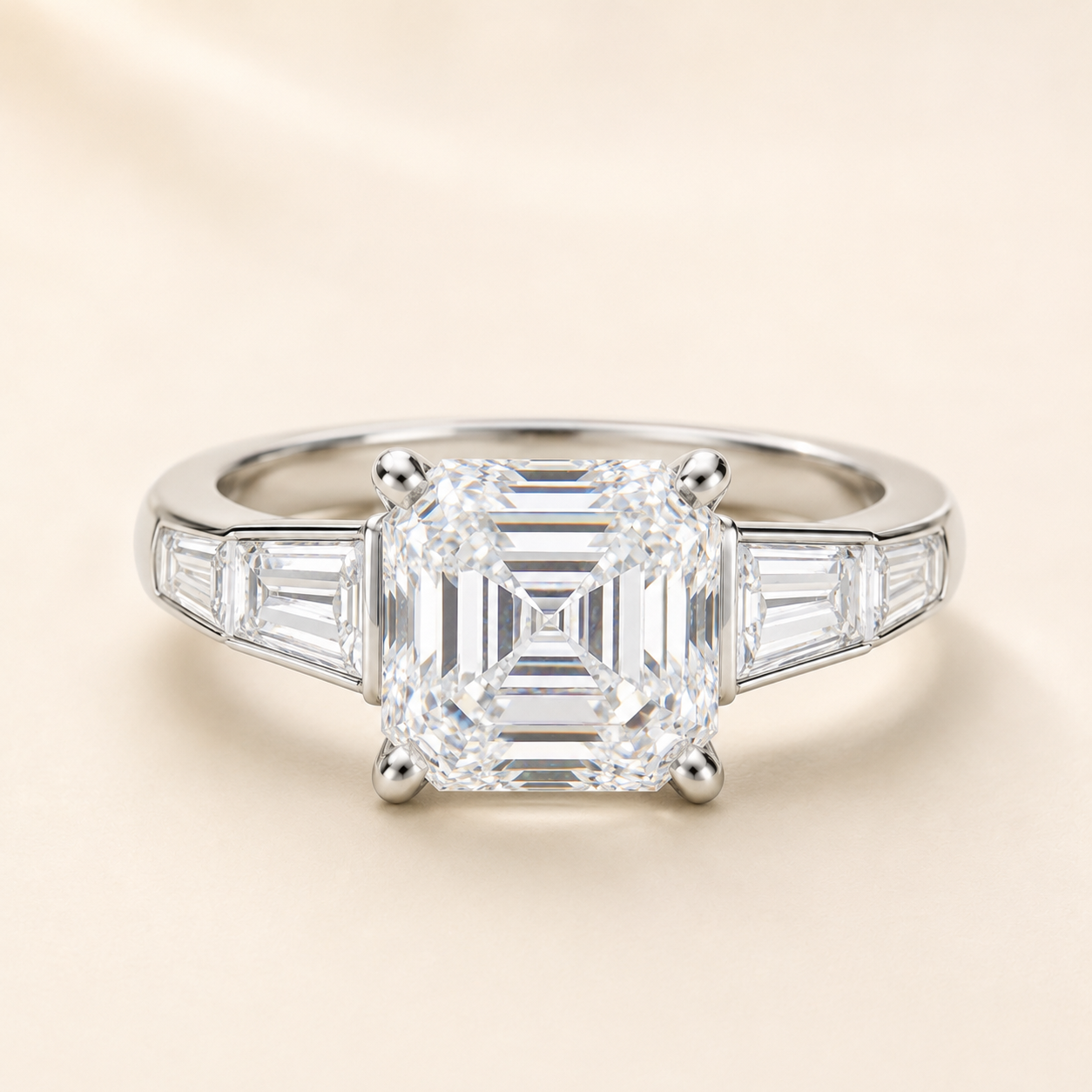 Elmivra 3ct Asscher cut lab-grown diamond three-stone ring in 18K white gold main view