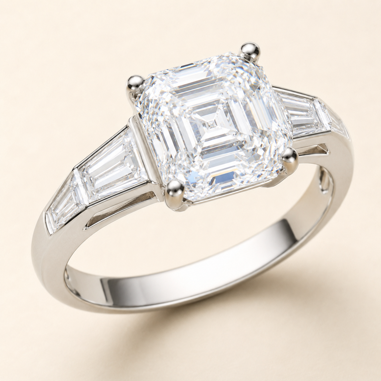 Elmivra 3ct Asscher cut lab-grown diamond three-stone ring with structured open gallery side detail