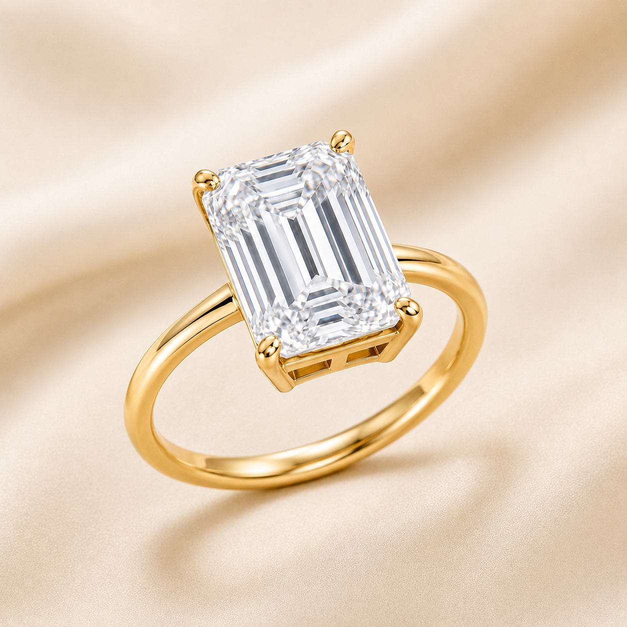 Elmivra 5 carat emerald cut IGI-certified lab-grown diamond ring in 18K yellow gold angled view