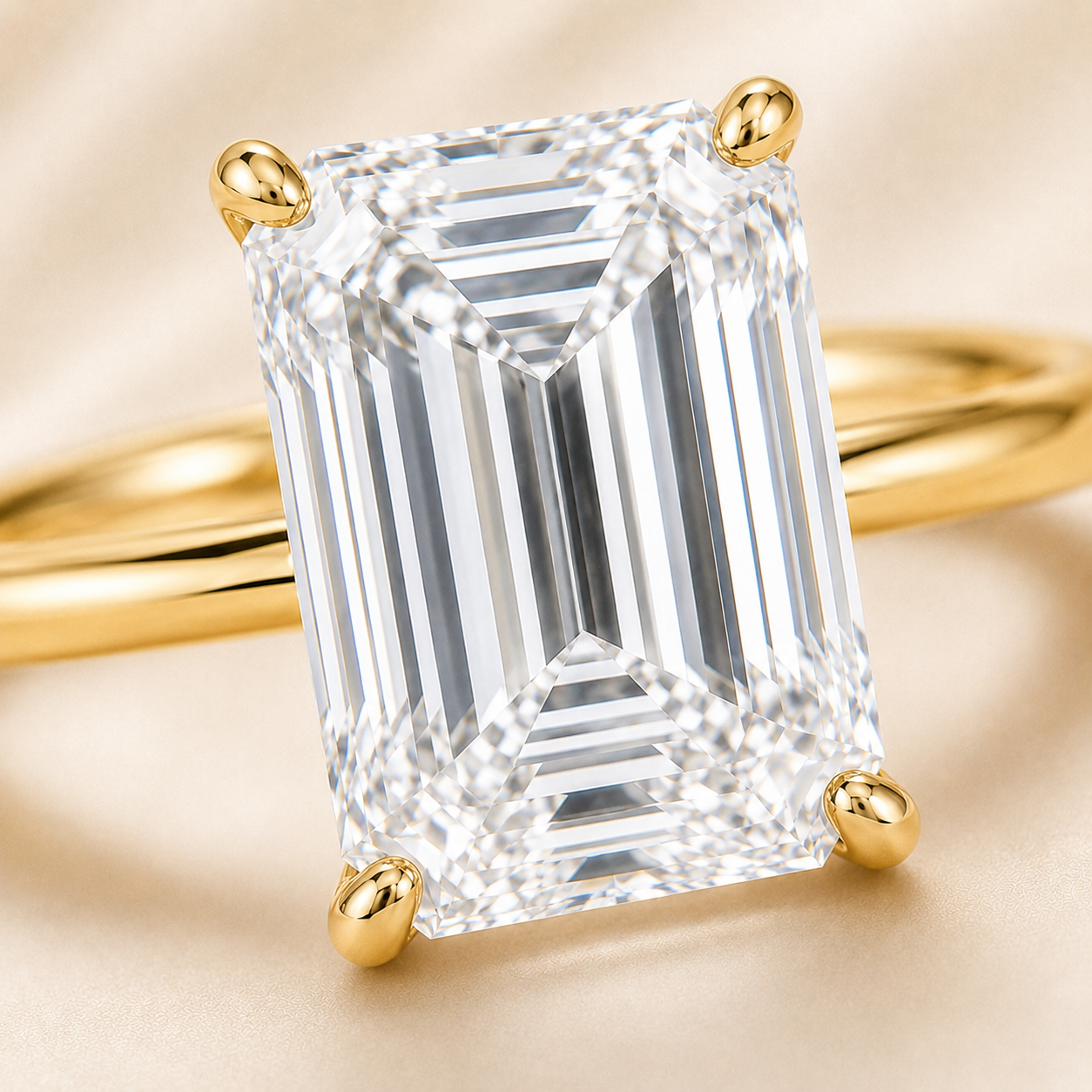 Elmivra 5ct D VS1 emerald cut lab-grown diamond ring in 18K yellow gold close-up