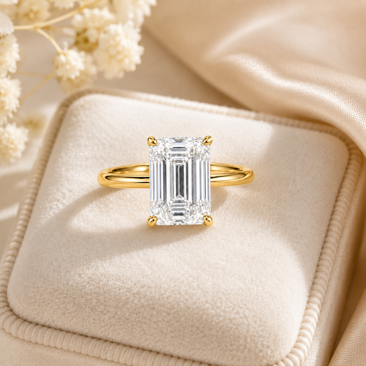 Elmivra 5ct emerald cut lab-grown diamond solitaire ring in 18K yellow gold lifestyle view