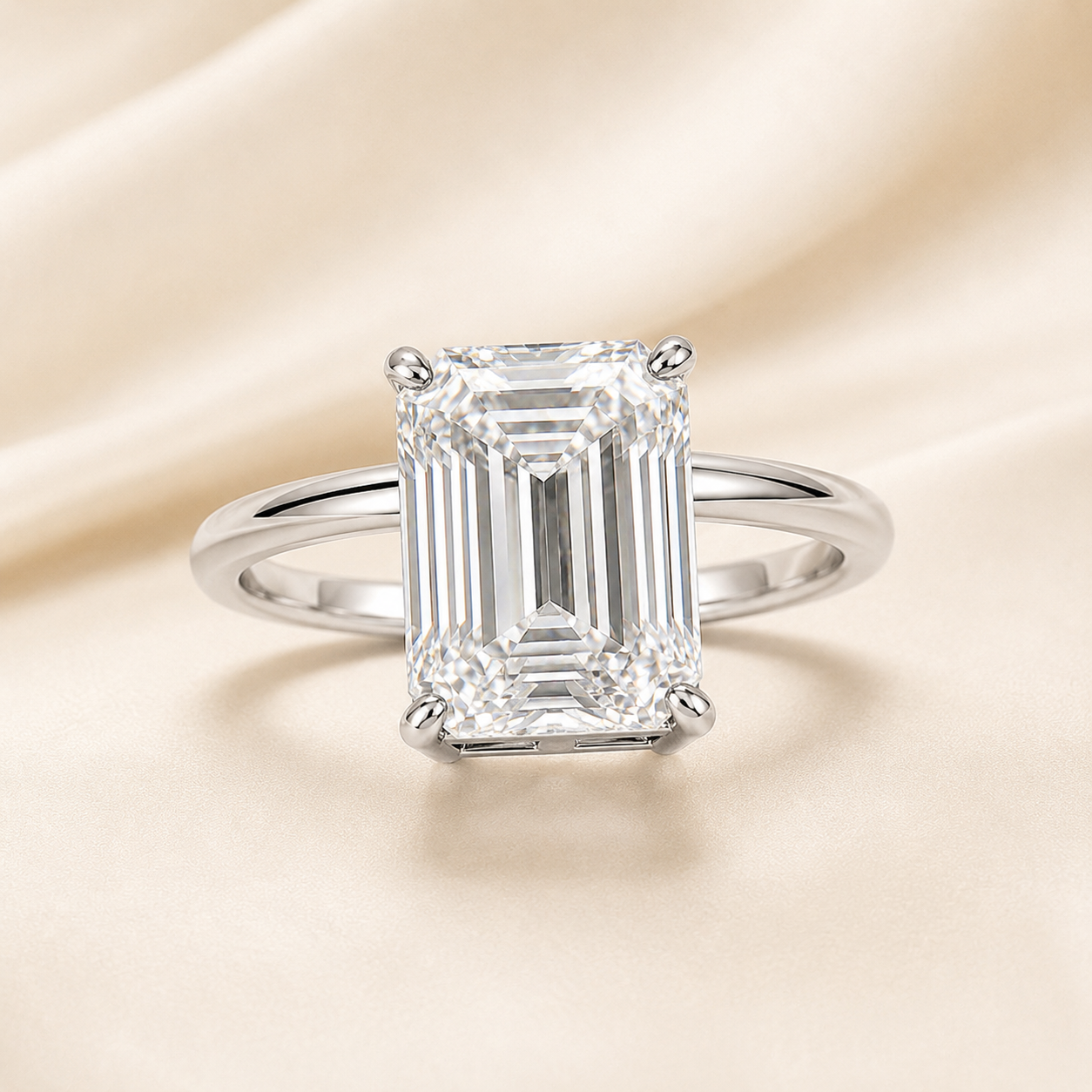 Front view of 5 carat emerald cut lab-grown diamond solitaire ring in 18K white gold