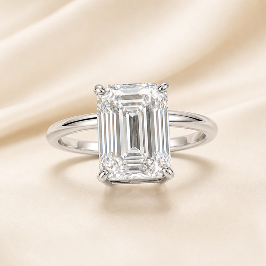 Front view of 5 carat emerald cut lab-grown diamond solitaire ring in 18K white gold