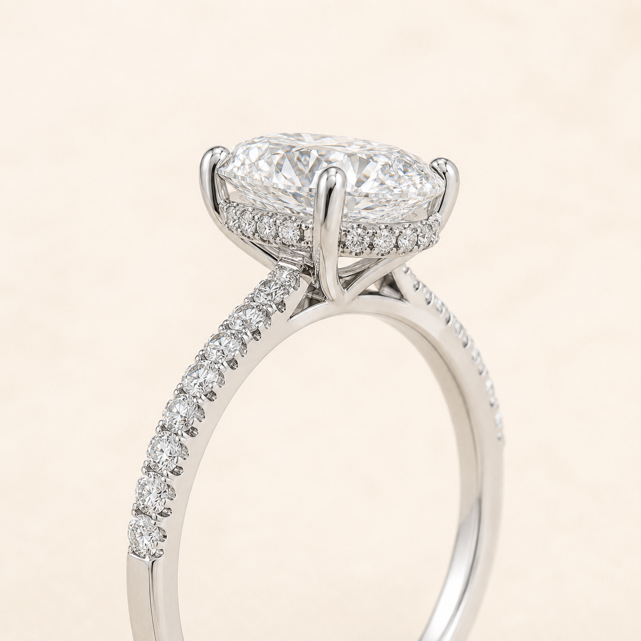 Elmivra 2 carat oval IGI-certified lab-grown diamond ring with hidden halo and pavé band angled view