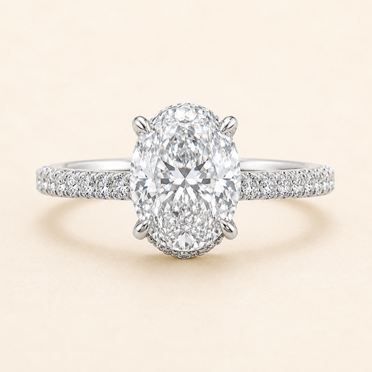 Elmivra 2ct oval lab-grown diamond hidden halo pavé ring in 18K white gold front view