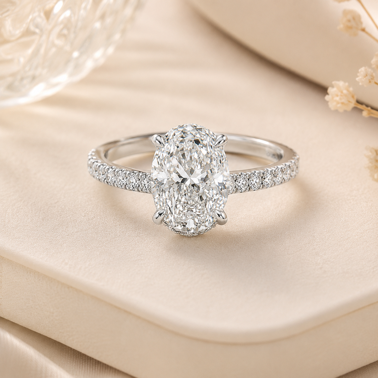 Elmivra 2ct oval lab-grown diamond hidden halo pavé ring in 18K white gold lifestyle view