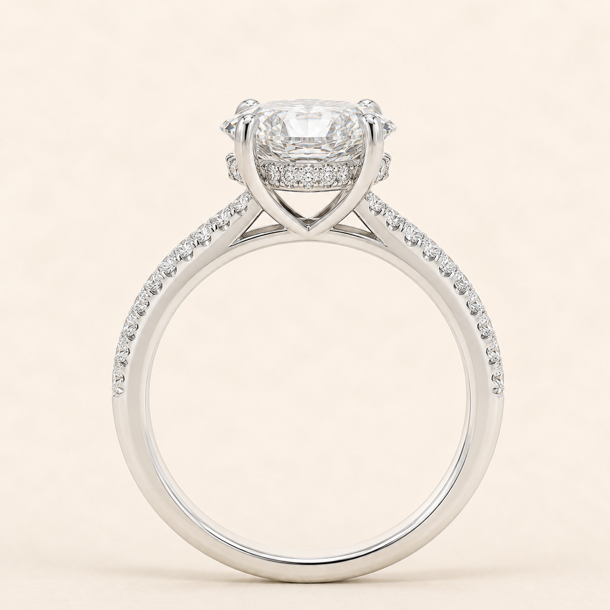 Elmivra 2ct oval lab-grown diamond ring with hidden halo raised basket side detail
