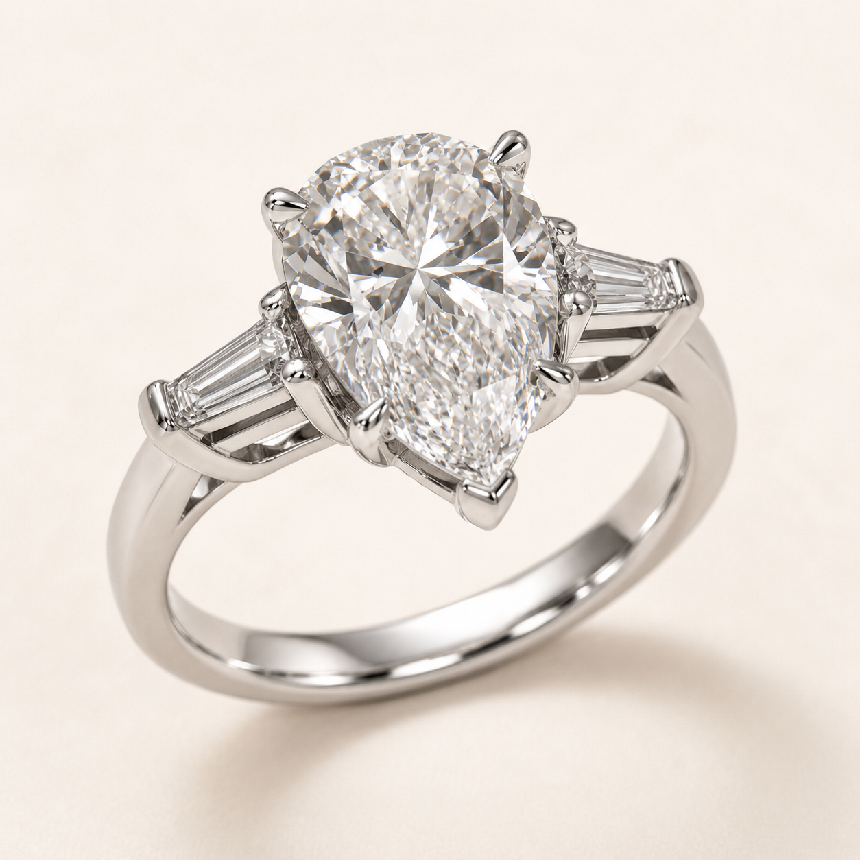 Elmivra 5 carat pear IGI-certified lab-grown diamond ring with tapered side stones angled view