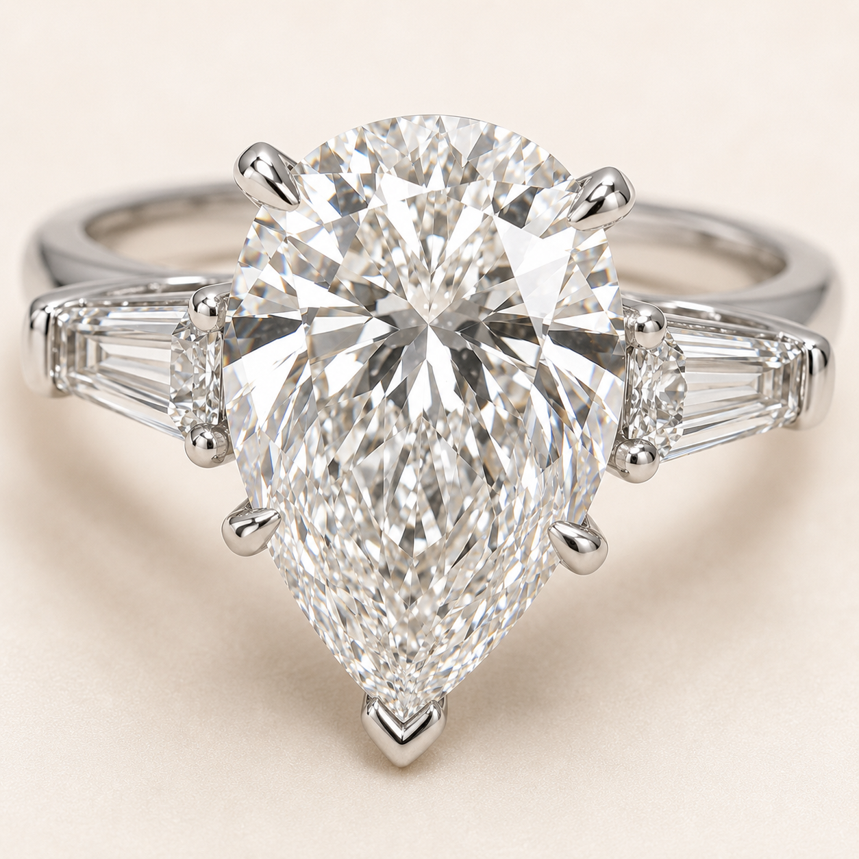 Elmivra 5 carat D VVS2 pear-cut lab-grown diamond ring in 18K white gold close-up