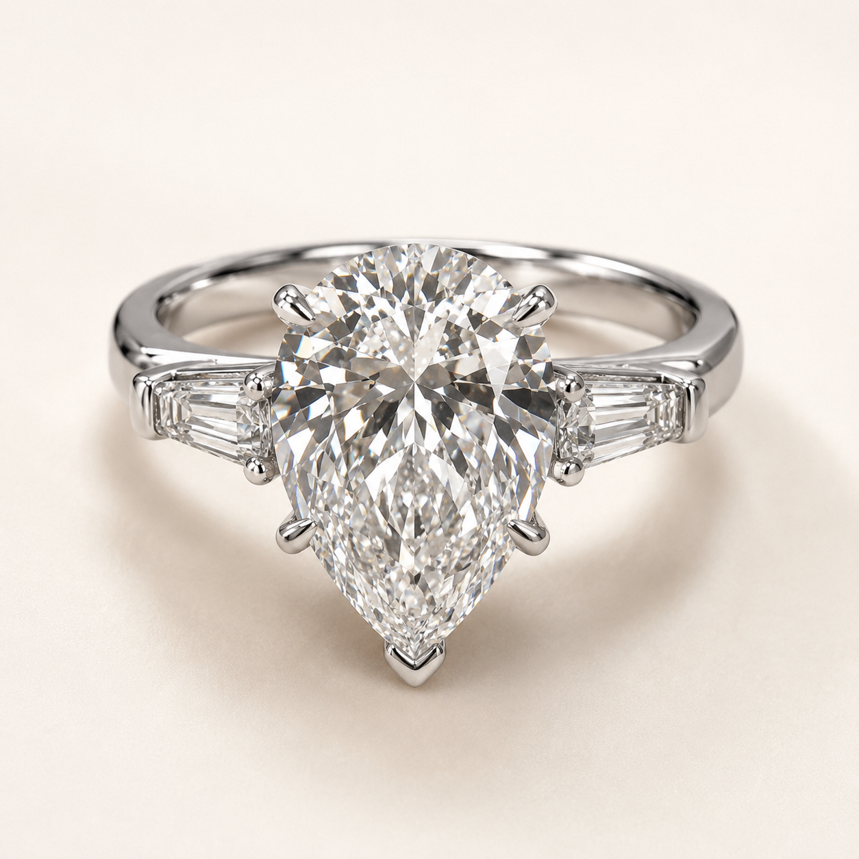 Elmivra 5ct three-stone pear lab-grown diamond ring in 18K white gold side detail