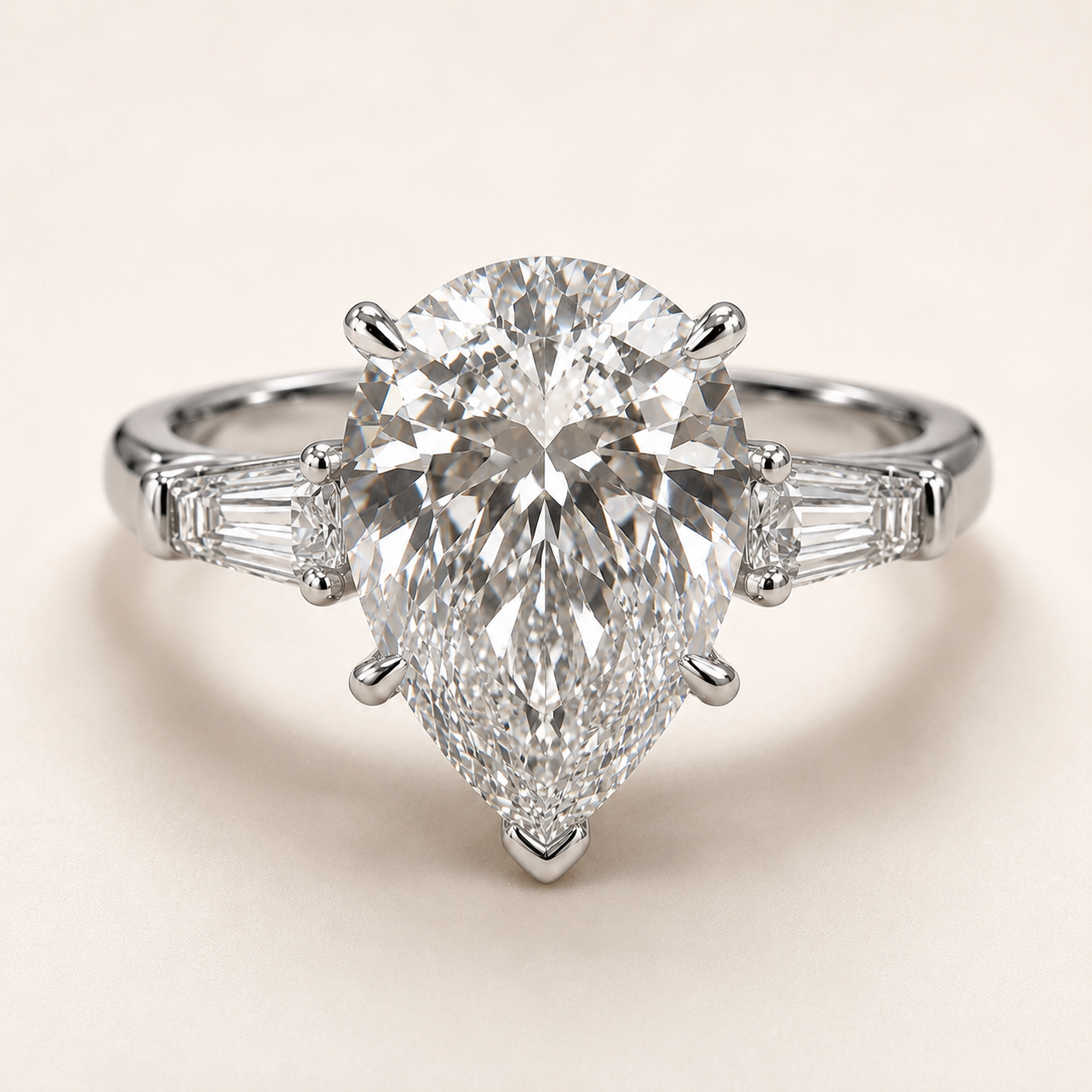 Elmivra 5ct pear-cut lab-grown diamond three-stone ring in 18K white gold front view