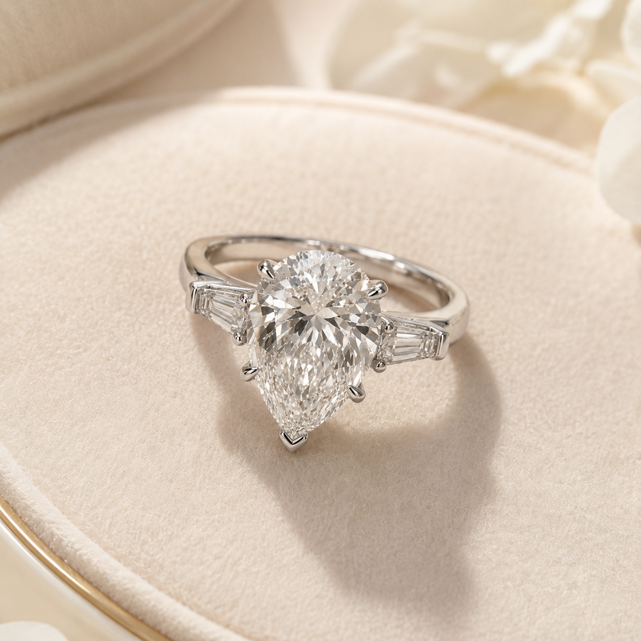Elmivra 5ct pear-cut lab-grown diamond three-stone ring in 18K white gold lifestyle view
