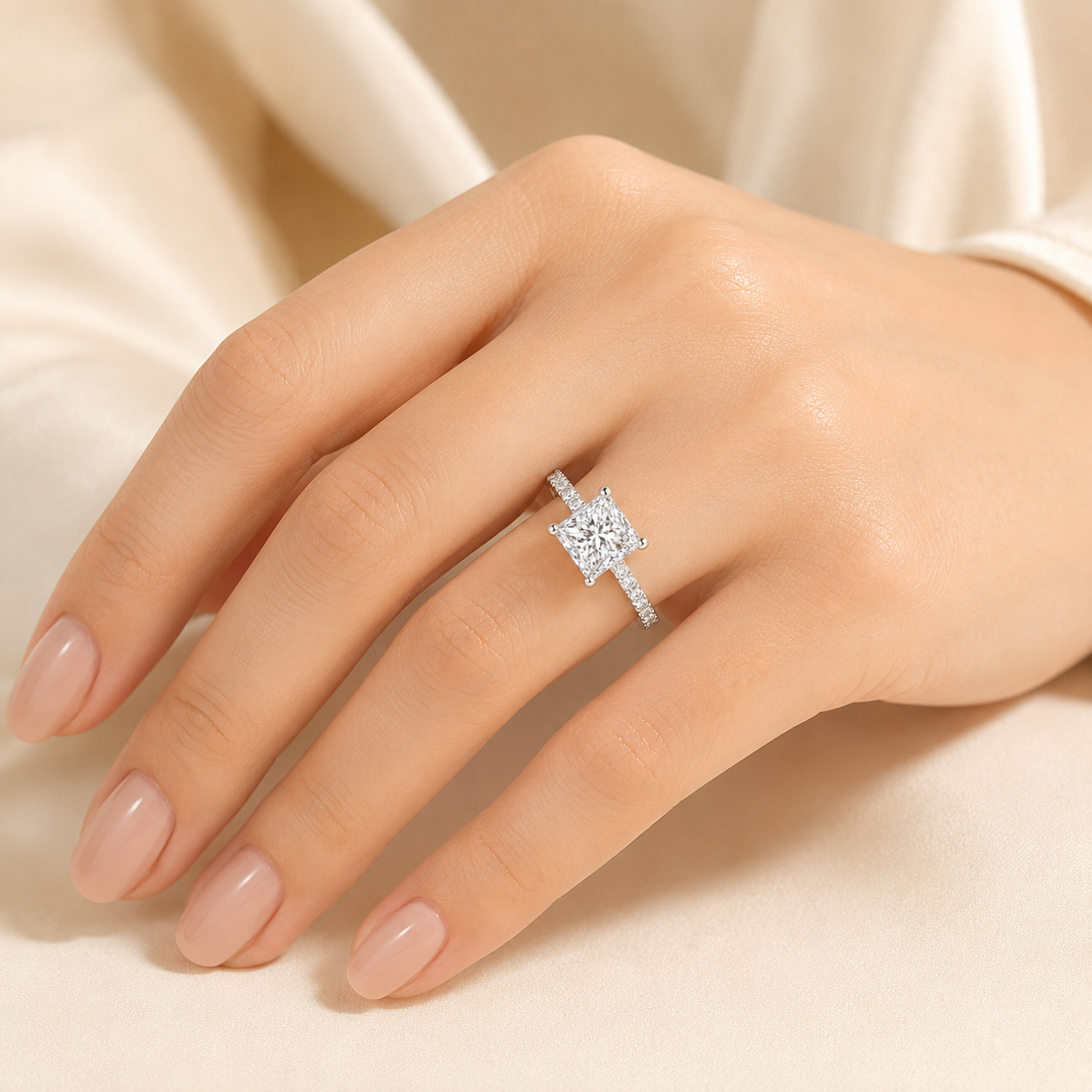 Elmivra 2ct princess-cut lab-grown diamond ring in 18K white gold worn on hand