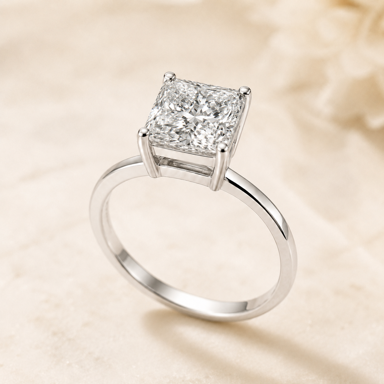 Elmivra 2 carat princess cut IGI-certified lab-grown diamond solitaire ring angled view