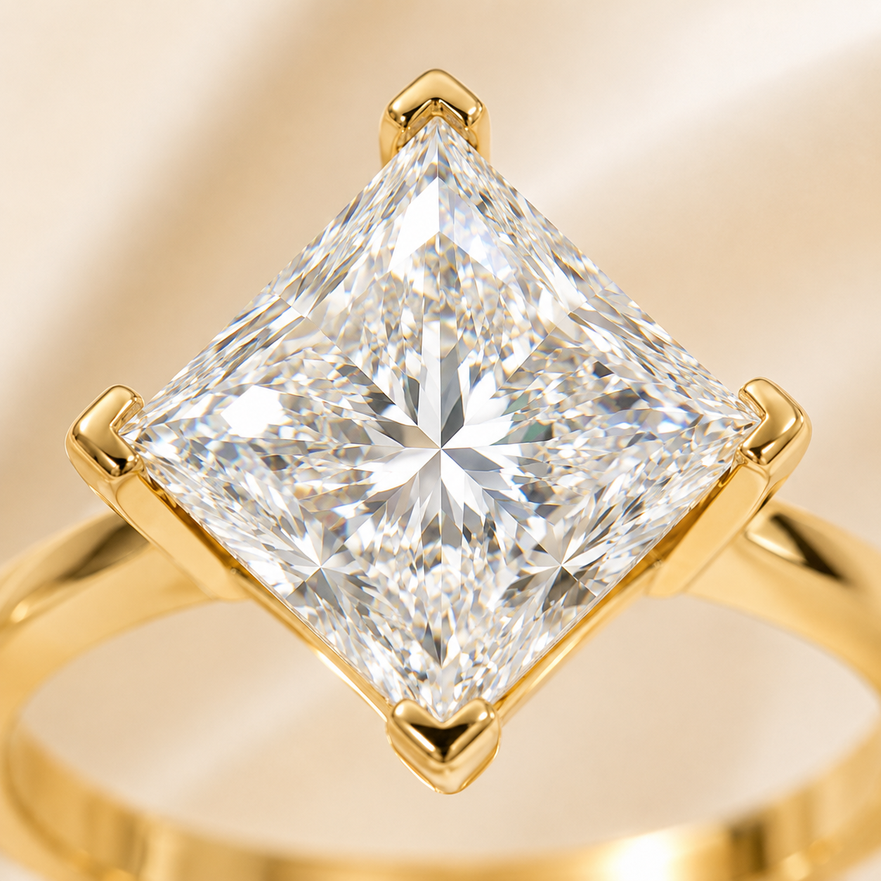 Elmivra 3 carat D VS1 princess cut lab-grown diamond ring in 18K yellow gold close-up