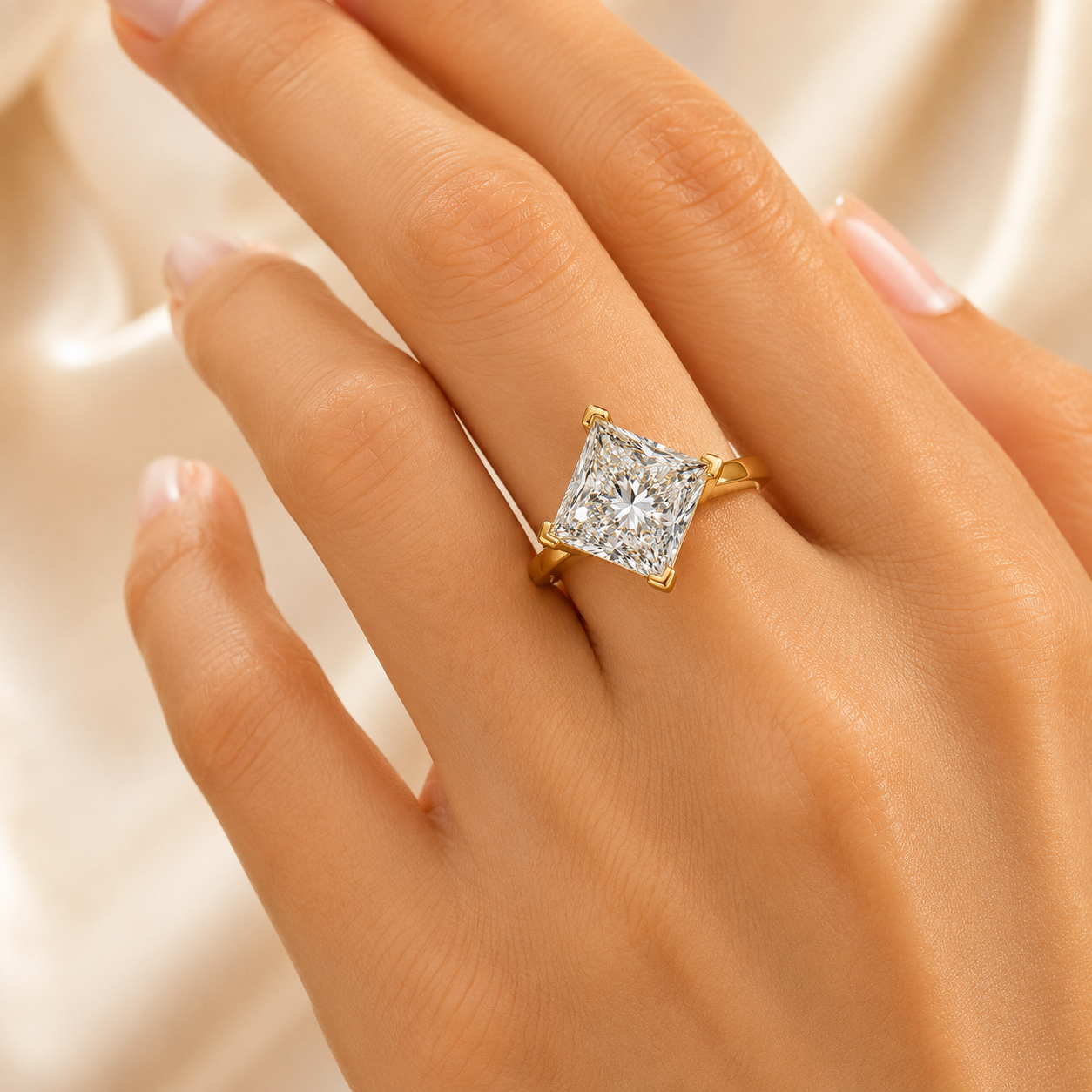 Elmivra 3ct princess cut lab-grown diamond solitaire ring in 18K yellow gold worn on hand