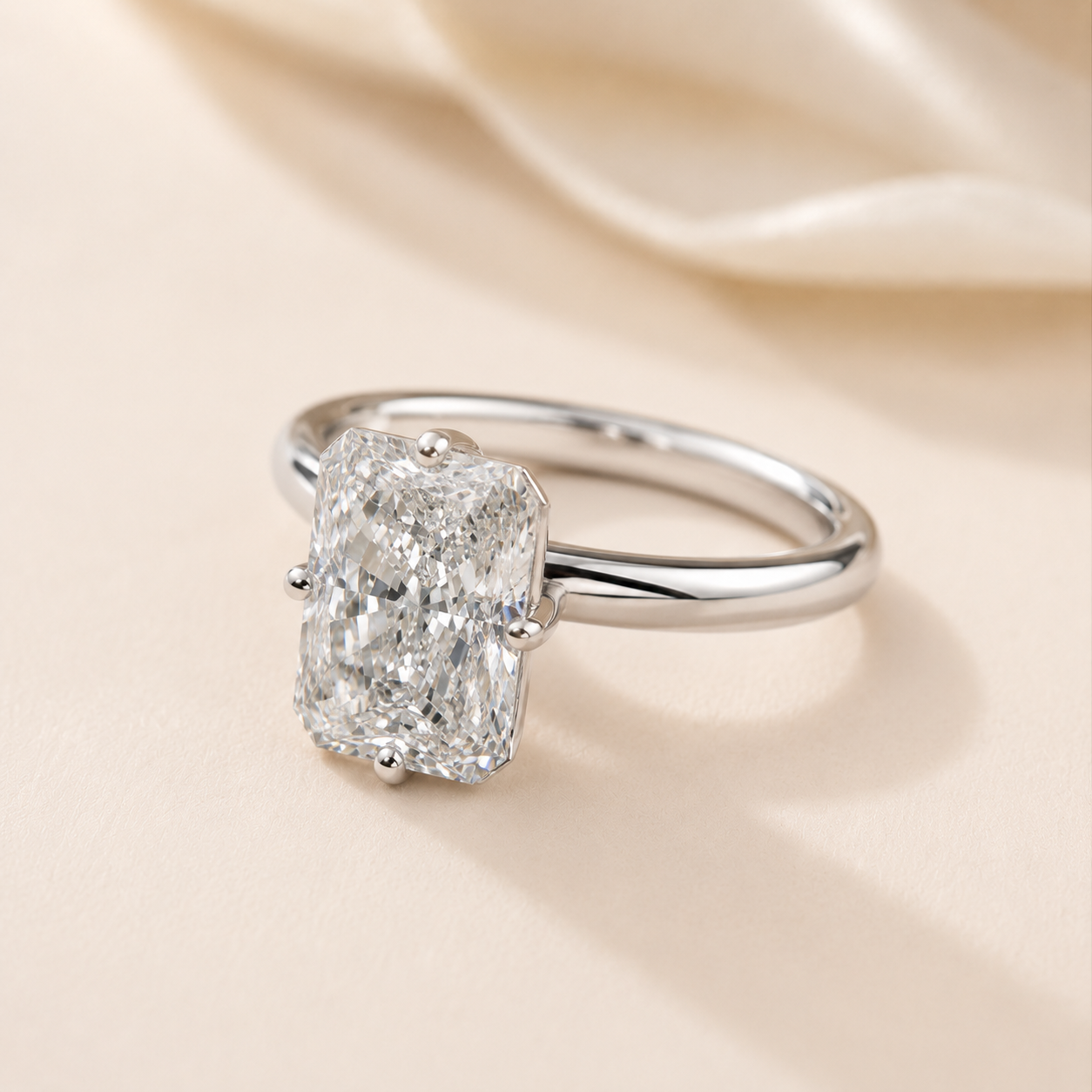 Angled view of Elmivra 3ct radiant cut lab-grown diamond solitaire ring in 18K white gold