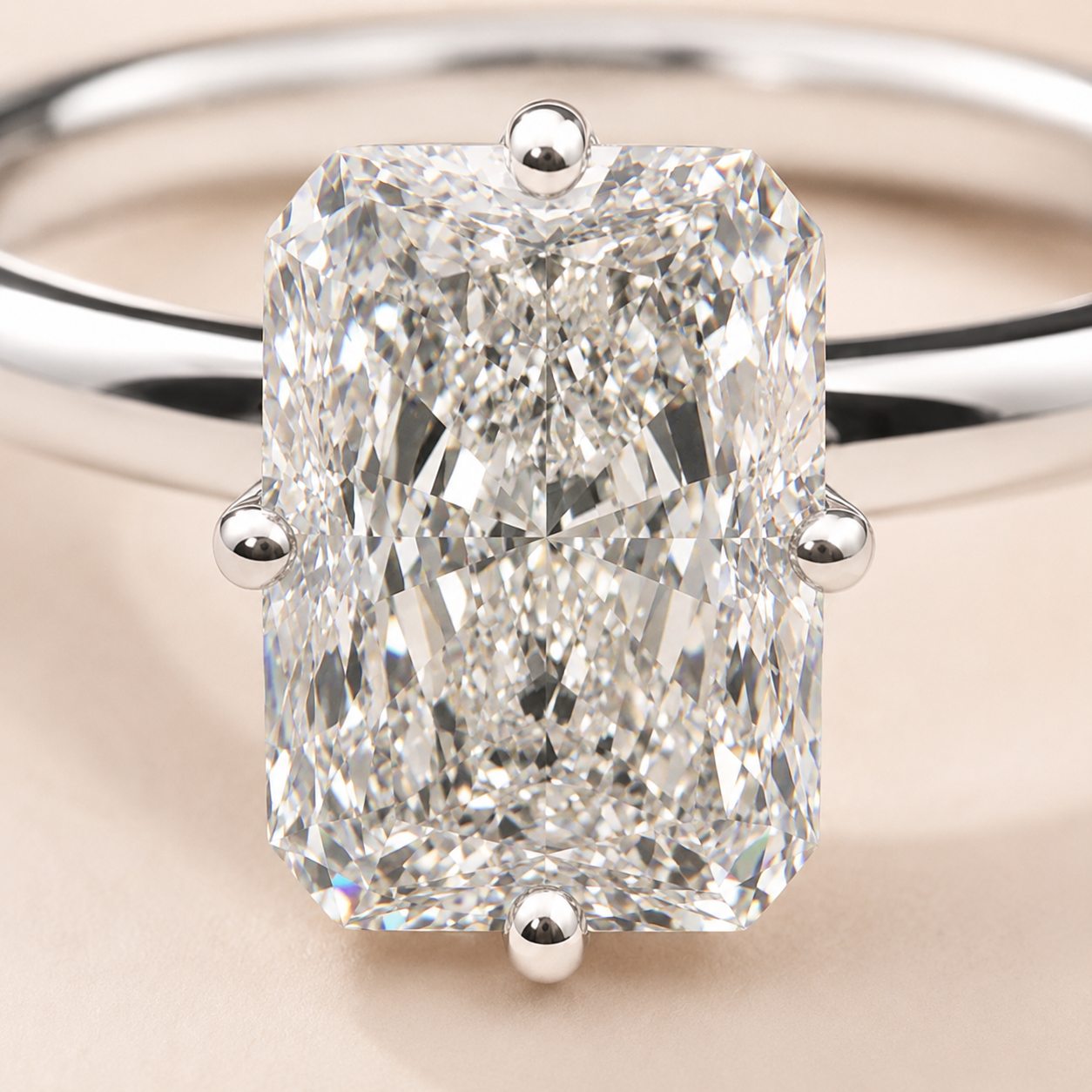 Close-up of Elmivra 3ct D VS1 radiant cut lab-grown diamond solitaire ring