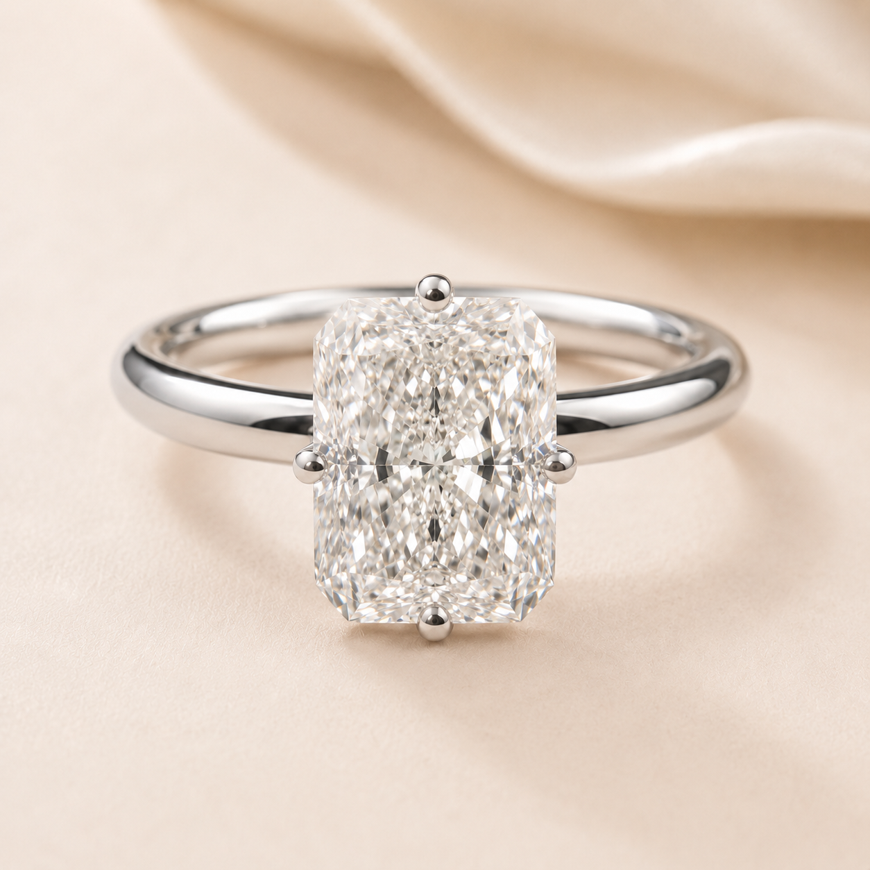 Front view of Elmivra 3ct radiant cut lab-grown diamond ring with north-south-east-west four-prong setting