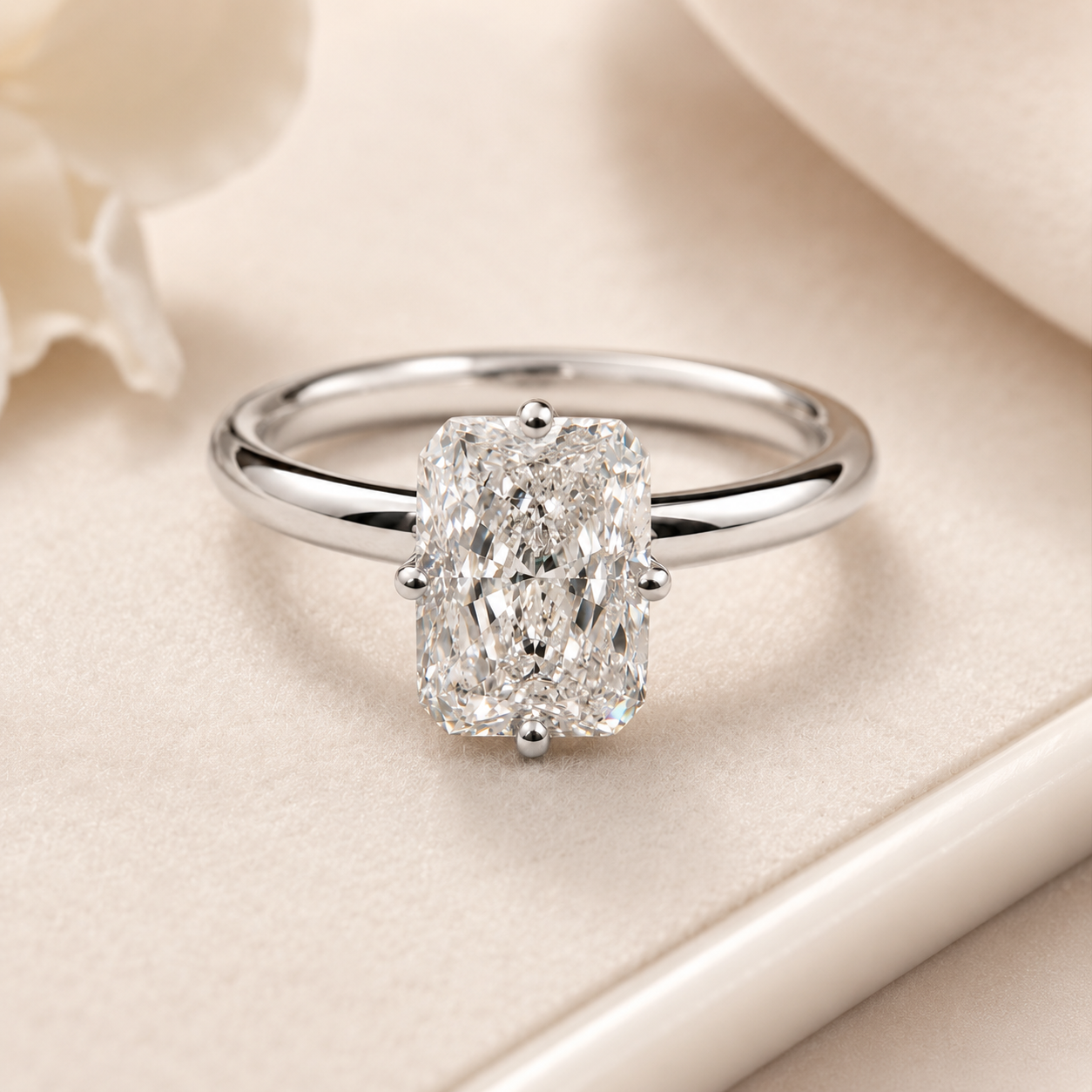 Elmivra 3ct radiant cut lab-grown diamond solitaire ring in 18K white gold lifestyle view