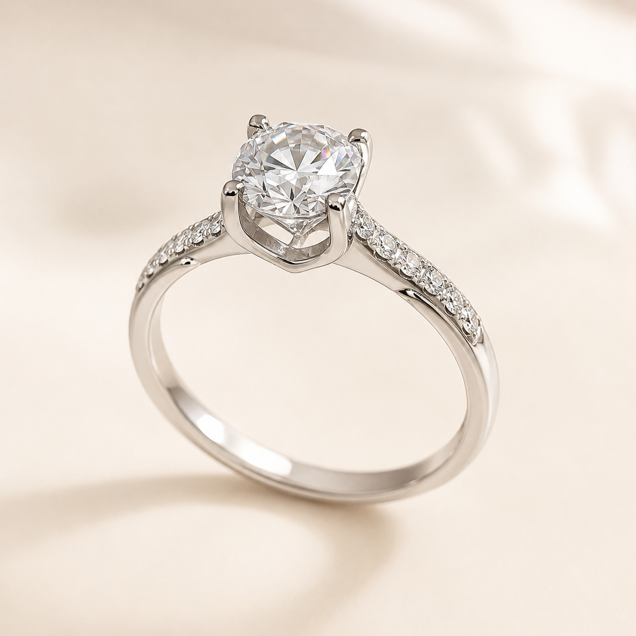 Elmivra 1 carat round IGI-certified lab-grown diamond solitaire ring with pavé shoulders angled view