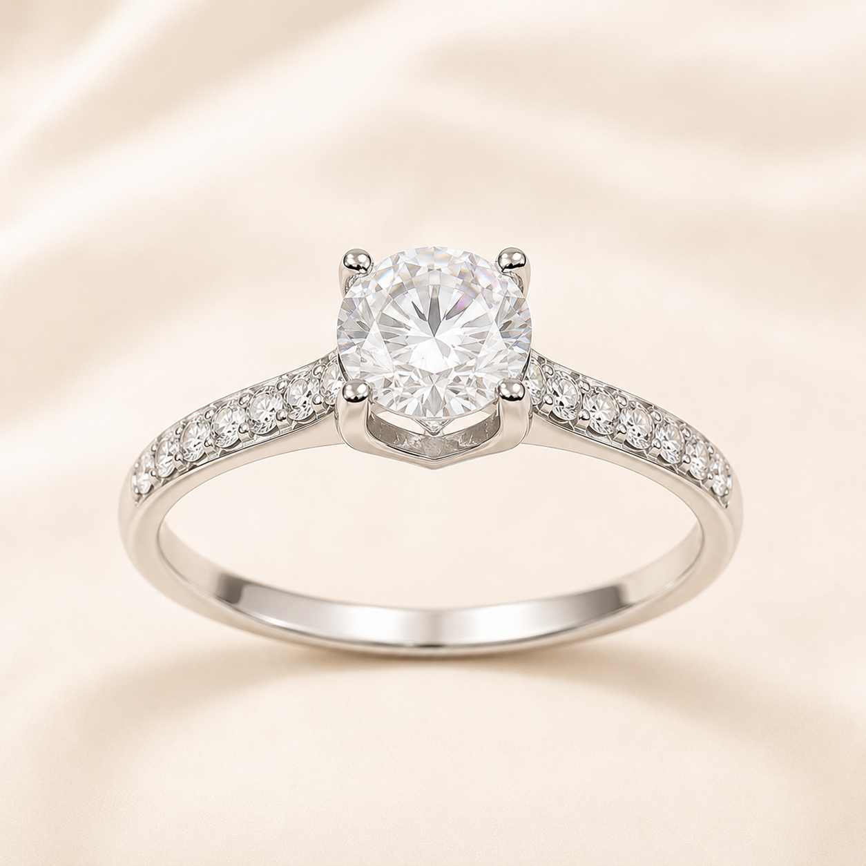 Elmivra 1ct round lab-grown diamond horn pavé solitaire ring in 18K white gold main view