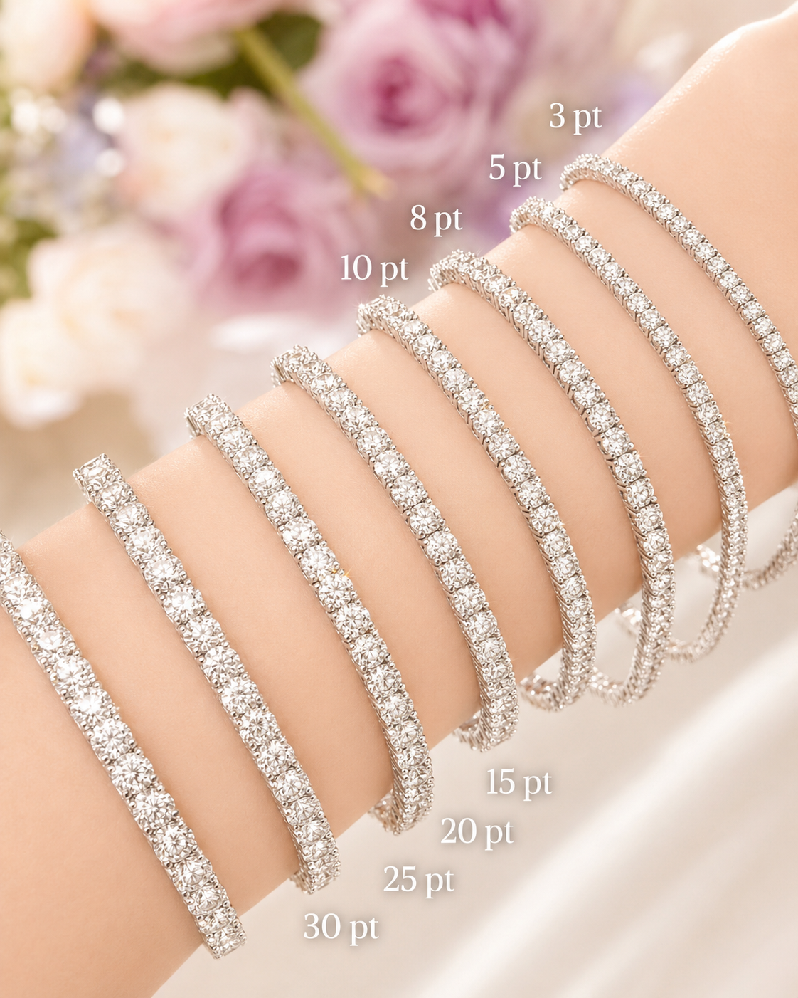 Elmivra tennis bracelet stone size comparison from 3 pt to 30 pt
