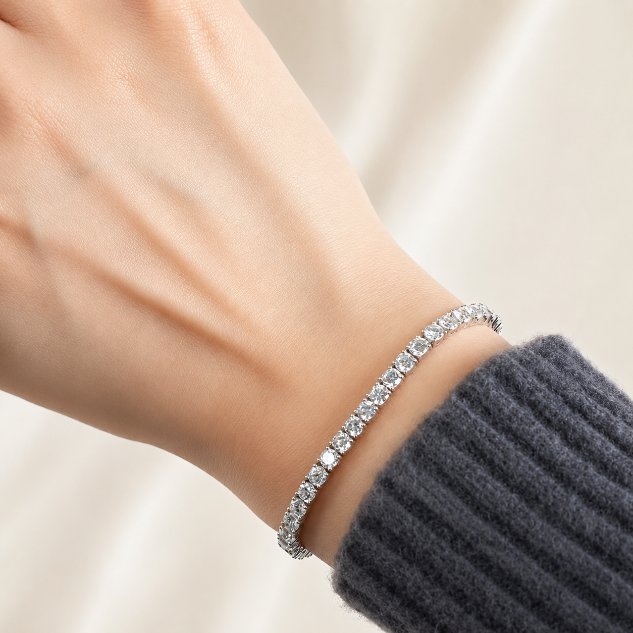 Elmivra 18K white gold lab-grown diamond tennis bracelet wrist lifestyle view